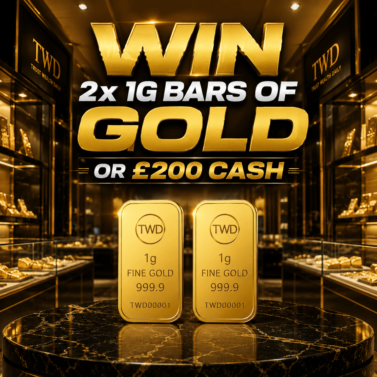 WIN 2X 1G GOLD BARS OR £200 CASH ON THURSDAY 9TH JULY